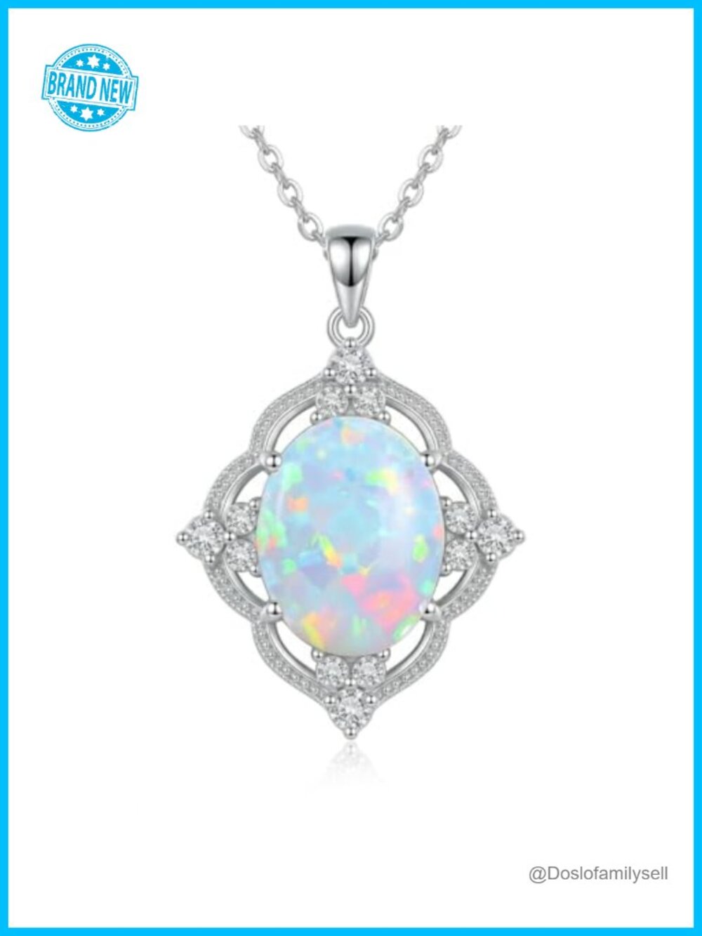 925 Sterling Silver Created Opal Pendant Necklace Oval Cable Chain